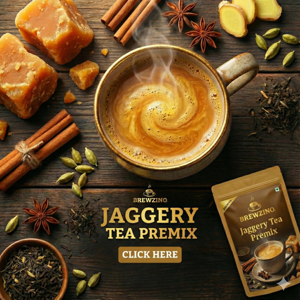 Packet of instant Ginger Jaggery Tea Premix powder by Brewzino.